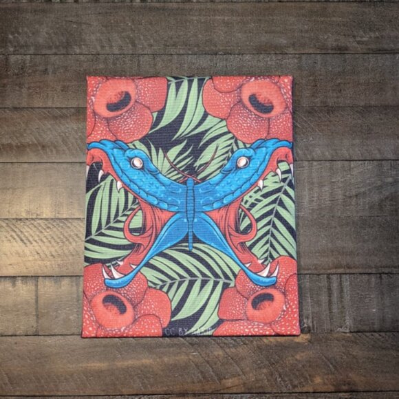 Handmade Deadly Flutter Butterfly Snake Rafflesia Corpse Flower Canvas Art 8x10 - Picture 1 of 1